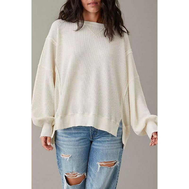 Keeping Cozy White Oversized Waffle Knit Sweatshirt Shirt Hoodie | PrintMintTees.com