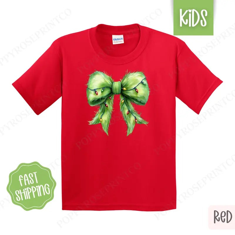 Kids Christmas Shirt - Grinchy Bow Children's Tshirt - Youth Holiday Tee Gildan Hoodie, Sweatshirt | PrintMintTees.com