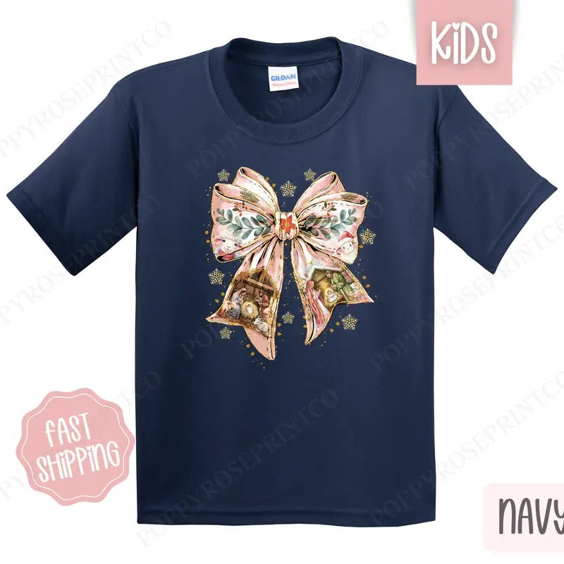 Kids Christmas Shirt - Nativity Bow Childrens Tshirt - Youth Holiday Tee Gildan Hoodie, Sweatshirt | PrintMintTees.com