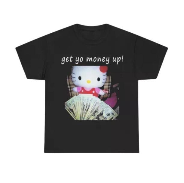 Kitty Cat get yo money up T-Shirt, Vintage Graphic Tees Gothic Grunge Y2k Emo Scene Amity Affliction Style Clothes Men...