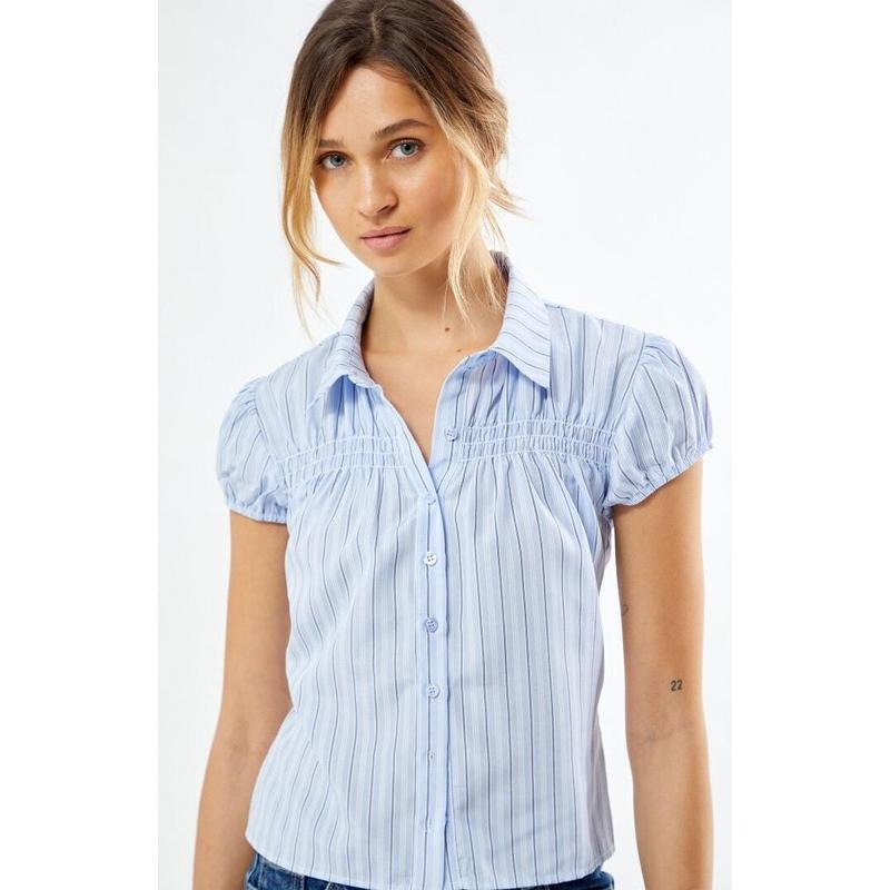 LA Hearts Women's Pinstripe Button Down Short Sleeve Shirt Hoodie, Sweatshirt | PrintMintTees.com