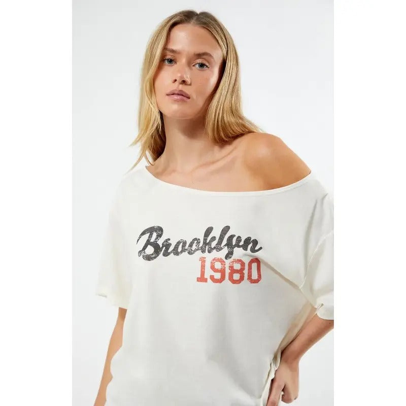 PS / LA Women's Brooklyn 1980 Off-The-Shoulder T-Shirt Hoodie Sweatshirt | PrintMintTees.com