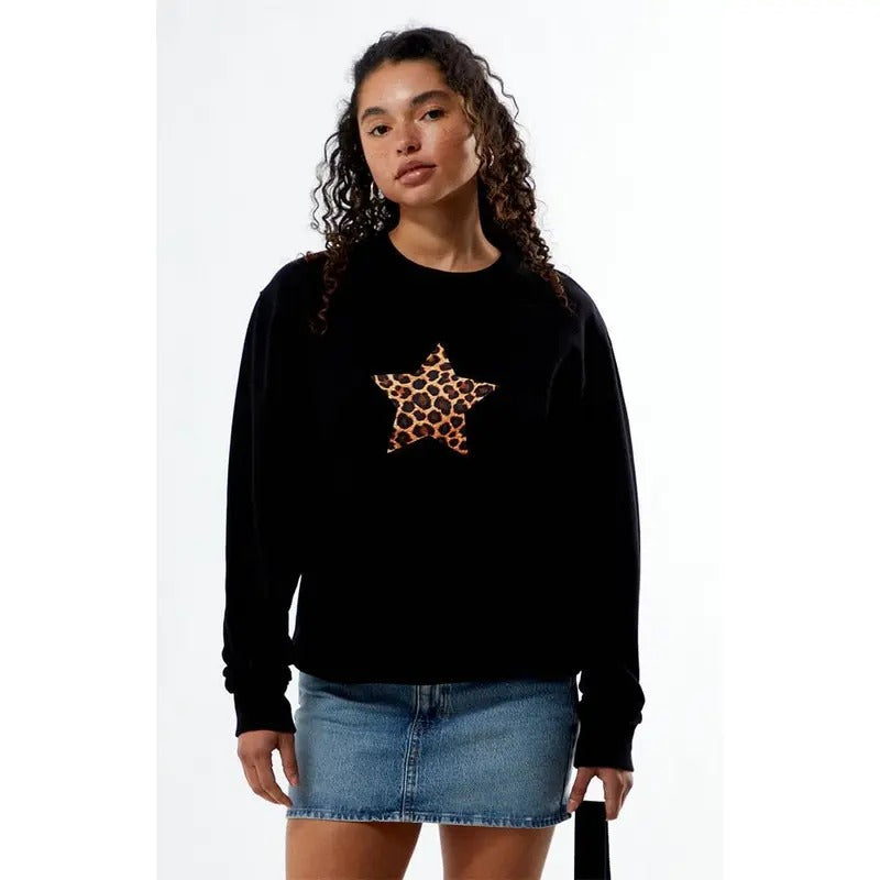 PS / LA Women's Leopard Star Crew Neck Sweatshirt T-Shirts, Hoodie | PrintMintTees.com