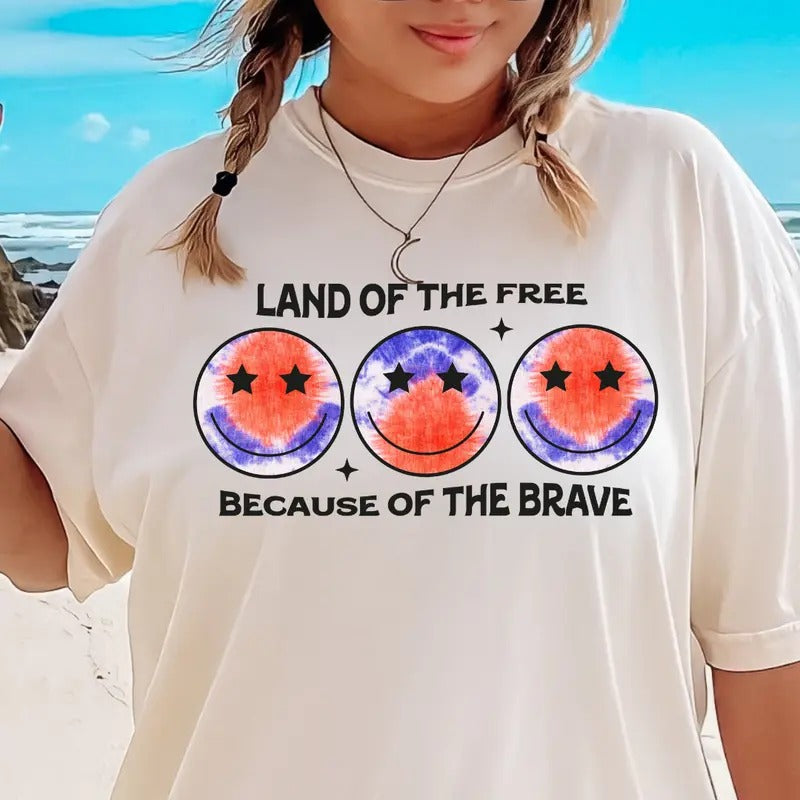LAND OF THE FREE SMILEY SHIRT, 4TH OF JULY MEN SHIRT, UNISEX COTTON SHIRT, OVERSIZED HOLIDAY SUMMER SHIRT Fabric Menswear...