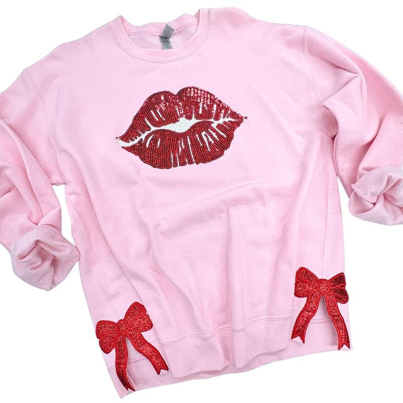 LIPS Glitter Red Bow Side Patch Sweatshirt Shirt Hoodie | PrintMintTees.com
