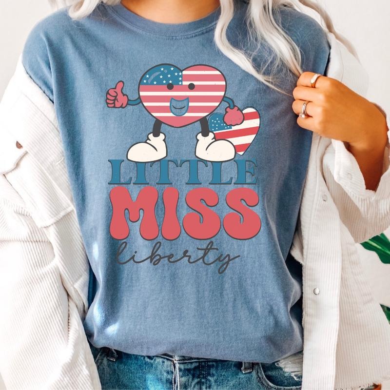 LITTLE MISS LIBERTY SHIRT, 4TH OF JULY MEN SHIRT, UNISEX COTTON SHIRT, OVERSIZED HOLIDAY SUMMER SHIRT Comfort Fabric Top...