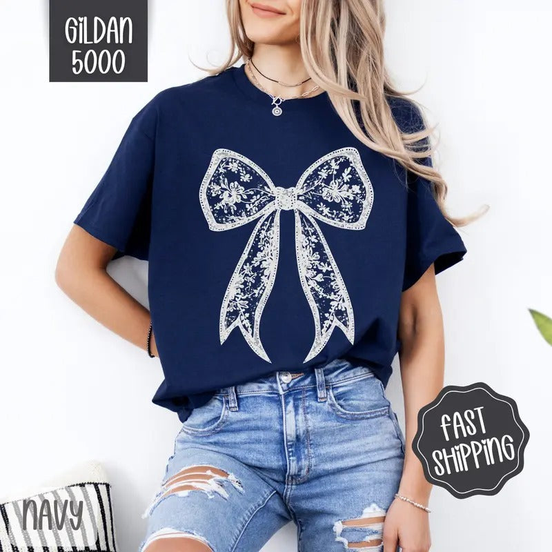Lace Bow Shirt Gildan, Coquette Lace Bow Women's Tee, Cute Women's Tshirt Plus Sizes Hoodie Sweatshirt | PrintMintTees.com