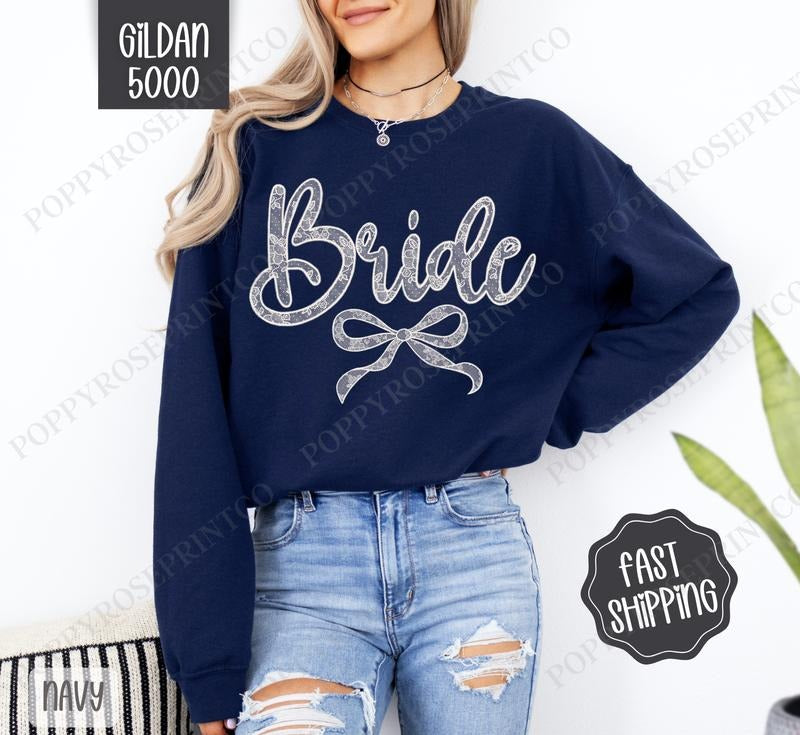 Lace Bride Sweatshirt, Bridal Coquette Lace Bow Crewneck, Cute Women's Sweater T-Shirts, Hoodie | PrintMintTees.com