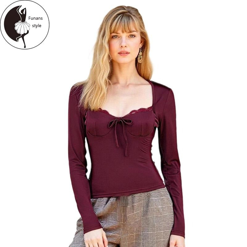 Lace Trim Tops for Women Fashionable Solid Color Long SleeveFit Crop Shirt Hoodie Sweatshirt | PrintMintTees.com