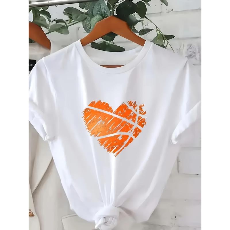 Ladies' Chic Heart-Shaped Pattern T-Shirt, Casual Round Neck Short Sleeved Top, White, Orange And Yellow Brush Design,...