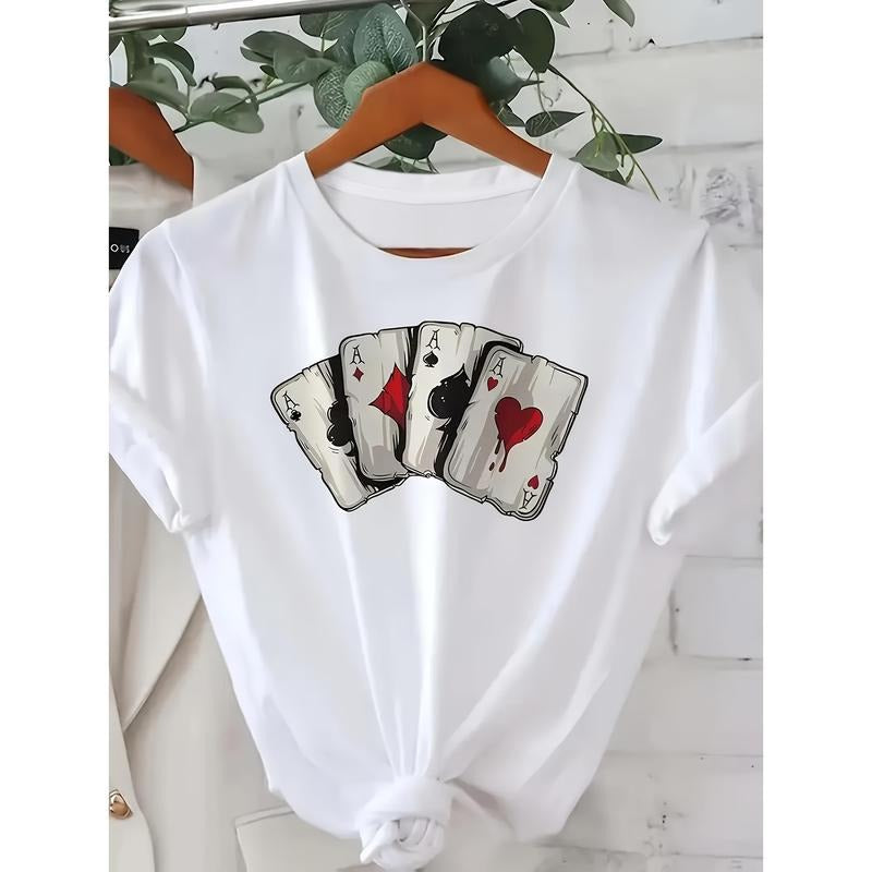 Ladies' Fashionable Poker Printed T-Shirt, Casual Round Neck Short Sleeved Top, Perfect Choice for Spring And Summer,...