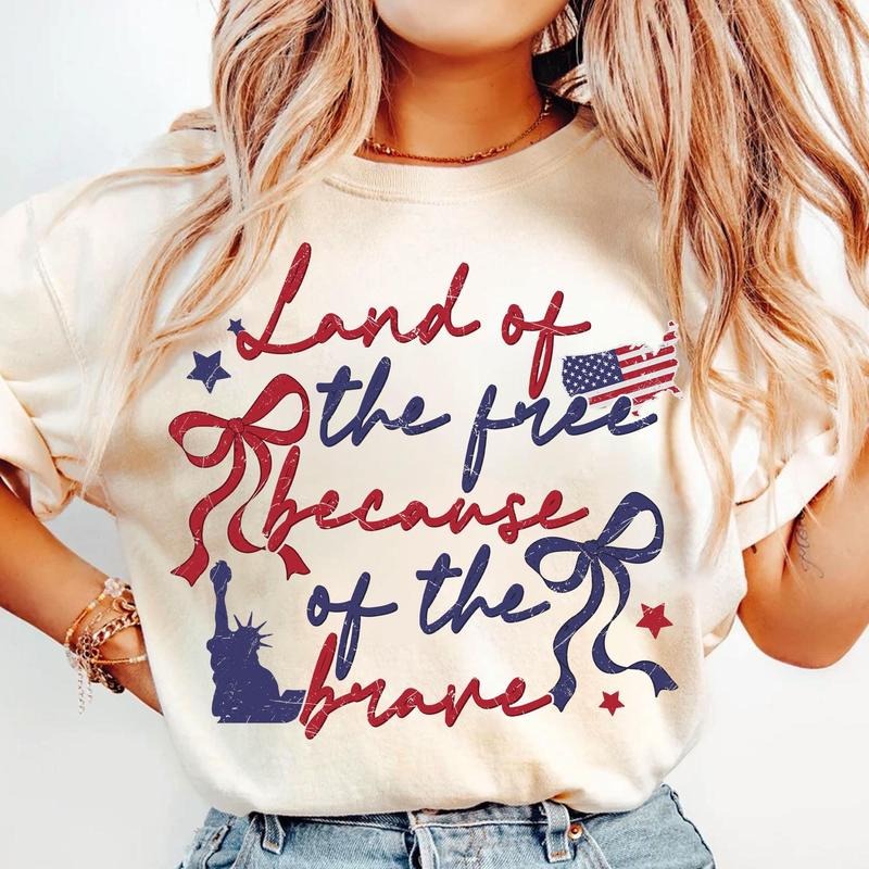Land of the Free Because of the Brave Shirt for Women Retro USA Coquette Patriotic 4th of July Unisex Premium 100% Cotton...