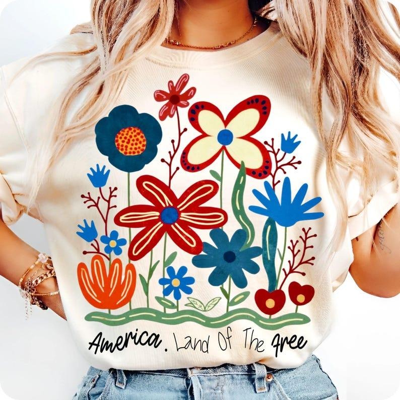 Land of the Free t-shirt, Floral America 4th of July Sublimation, USA Flag Brushstroke t-shirt, Memorial Day Patriotic...