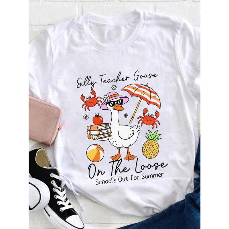 Last Day of Teacher Goose shirt, Schools Out For Summer Silly Goose Teacher shirt, End of Year Teacher shirt, Funny Summer Teacher shirt, women'S casual round neck T-shirt style 02