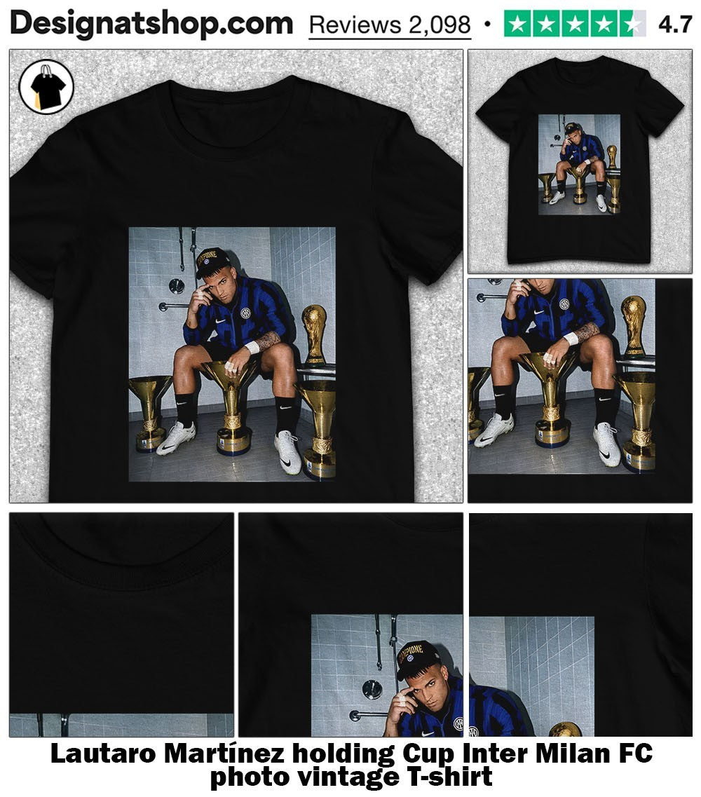 Lautaro Martínez holding Cup Inter Milan FC photo vintage shirt