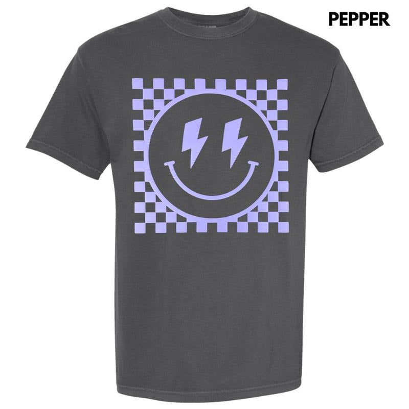 Lavender Checkered Happy Face Puff Comfort Colors Shirt Hoodie Sweatshirt