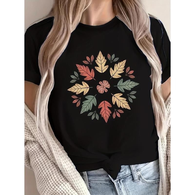 Leaf Pattern Printed Round Neck T-shirt, Spring And Summer Casual Short Sleeved T-shirt, Women's Clothing style 02 Hoodie...