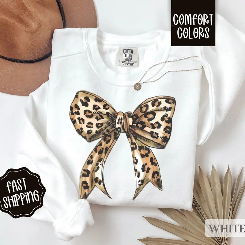 Leopard Bow Sweatshirt Comfort Colors, Coquette Leopard Crewneck,  Women's Sweater Shirt Hoodie | PrintMintTees.com