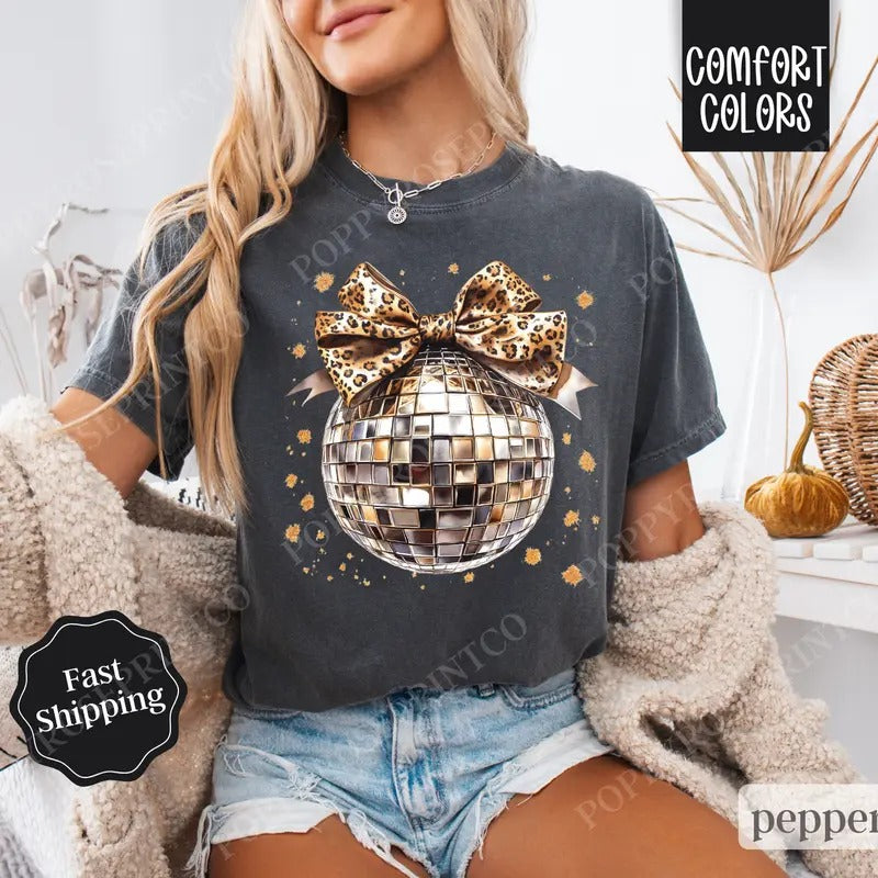 Leopard Disco Bow Shirt Comfort Colors, New Year's 2025  Women's Tee, NYE Women's Tshirt Hoodie Sweatshirt