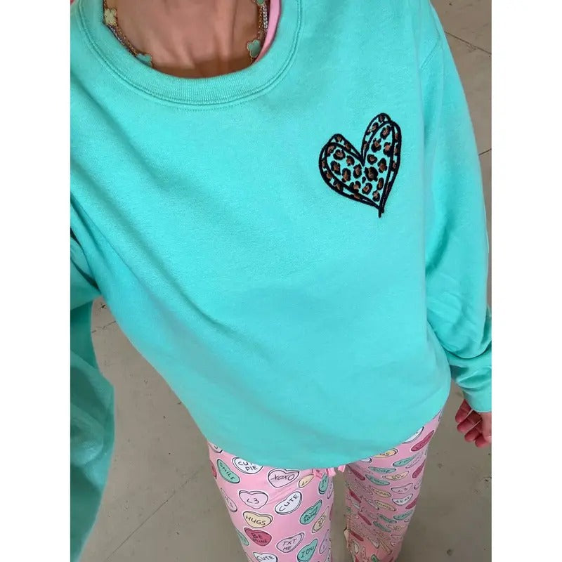 Leopard Heart Embroidered Mint Sweatshirt Shirt Hoodie | PrintMintTees.com