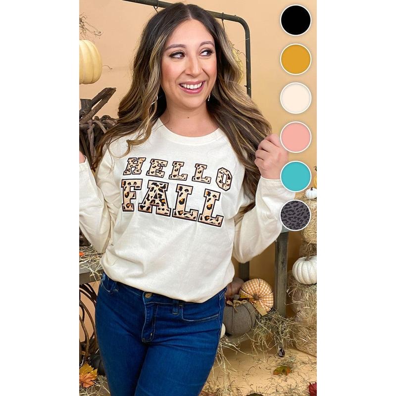 Leopard Ideal Chenille Hello Fall Graphic Boyfriend Long Sleeve T-Shirt Hoodie Sweatshirt | PrintMintTees.com