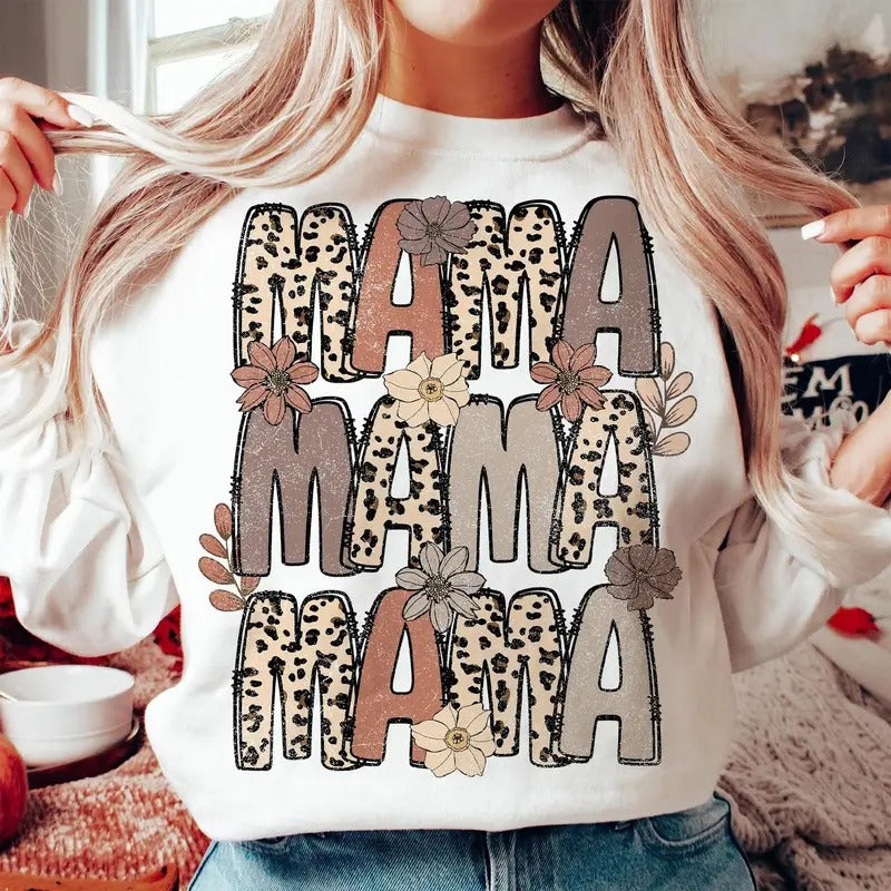 Leopard Mama Flower Crewneck Shirt, Retro Mama Shirt, Mama Groovy Boho Tee, Mother's Day Gift Hoodie Sweatshirt
