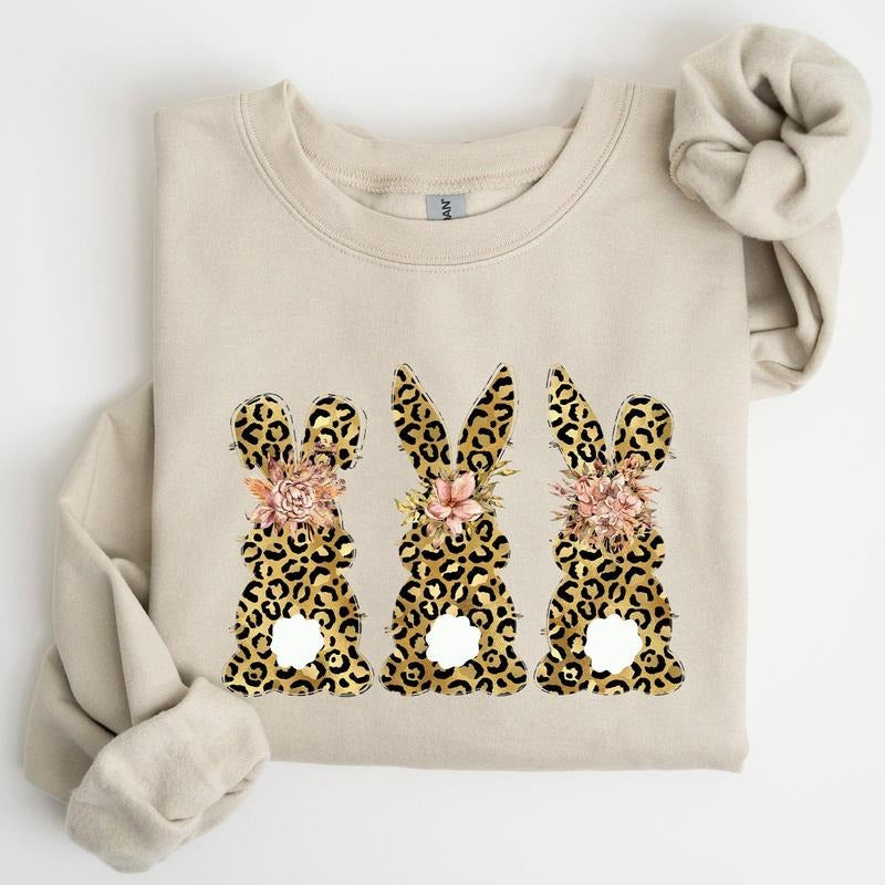 Leopard Print Easter Bunnies, Easter Rabbit Sweatshirt, Women's Crew Neck, Crewneck T-Shirts, Hoodie | PrintMintTees.com