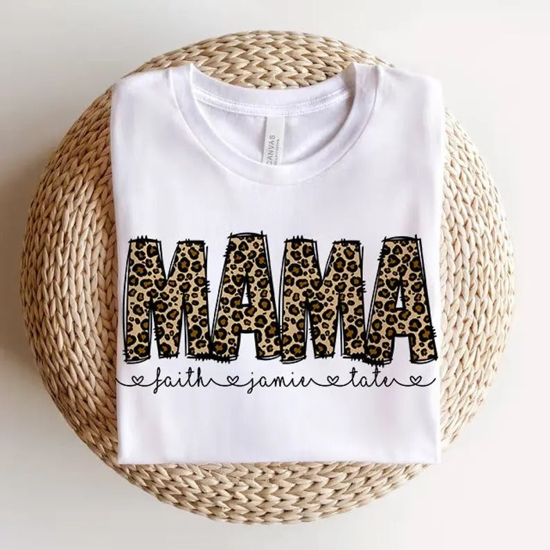 Leopard Print Mama Shirt, Leopard Print Mama Shirt, Mama Shirt With Editable Kids Names, Animal Print Mom Design Hoodie...