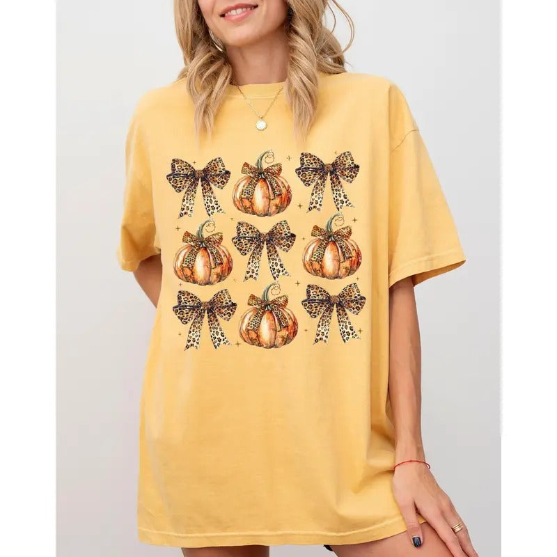Leopard Print Pumpkins Coquette Ribbons Bows Halloween Autumn Fall Shirt Comfort Color T-Shirts, Hoodie, Sweatshirt