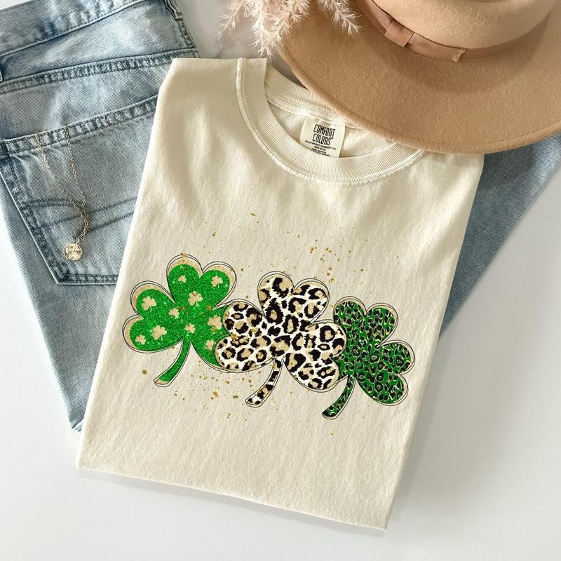 Leopard Print Shamrocks, St Patrick's Day Comfort Colors Tshirt, Women's Crew Neck, Crewneck Hoodie Sweatshirt
