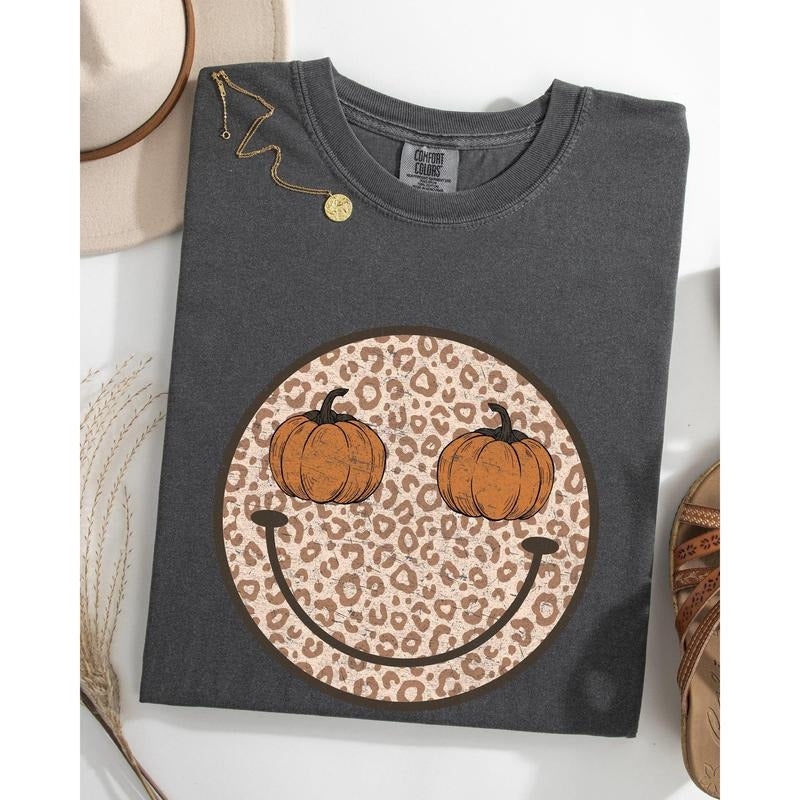Leopard Print Smiley, Halloween, Pumpkin, Retro, Fall, Autumn Shirt, Women's Comfort Color Tee, Tshirt Hoodie, Sweatshirt