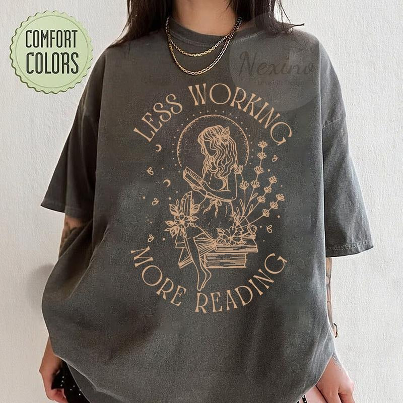 Less Working More Reading Shirt, Skeleton Reading T-Shirt, Book Nerd Shirt, There Is No Such, Book Lover Gift For Women,...