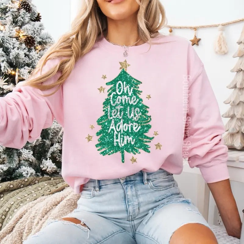 Let us adore him Sweatshirt | Faith Christmas Sweatshirt Shirt Hoodie | PrintMintTees.com