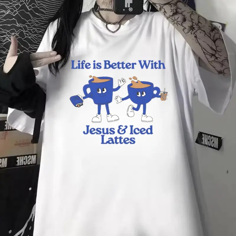 Life Is Better With Jesus & Iced Lattes Unisex Washed T-Shirt Hoodie Sweatshirt | PrintMintTees.com