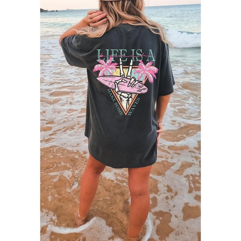 Life is a Beach Make Some Waves Oversized TShirt, Surfing Skeleton Shirt, Graphic Tees For Women, Boho Tee Hoodie Sweatshirt