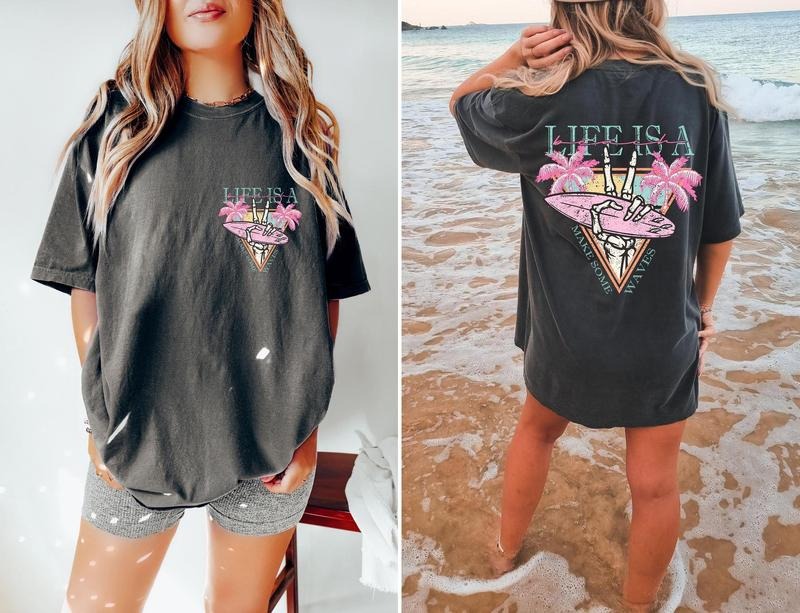 Life is a Beach Make Some Waves TShirt, Surfing Skeleton Shirt, Graphic Tees For Women, Boho Tee Hoodie Sweatshirt