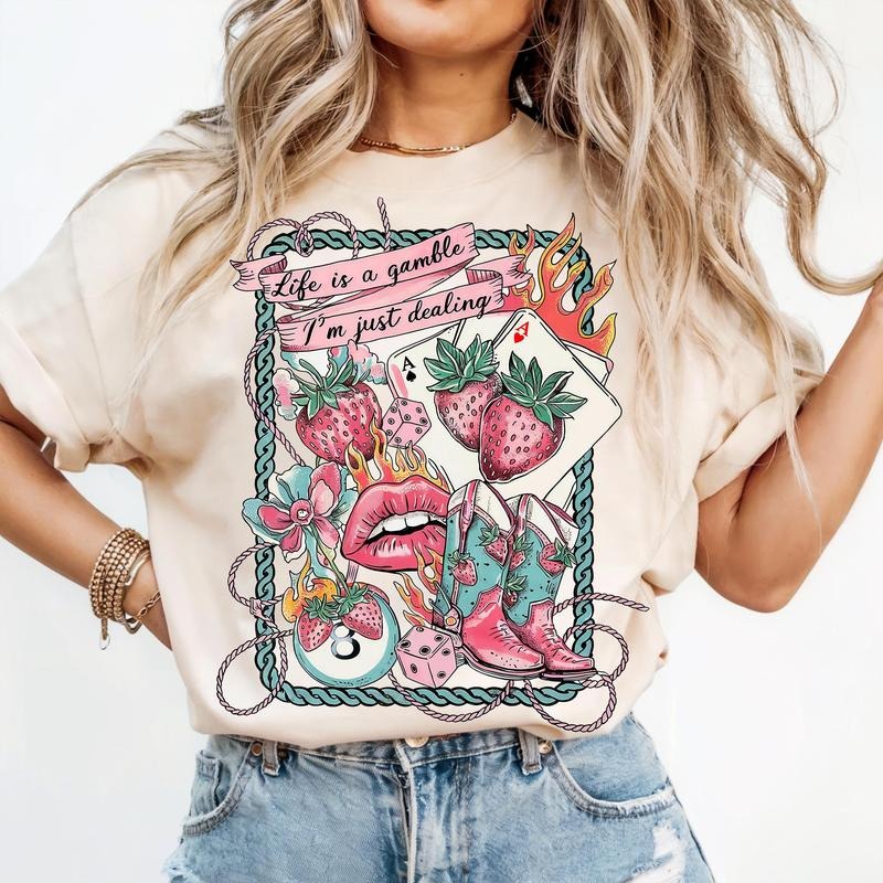 Life is a Gamble T-shirt | Retro Tattoo Style | Cowgirl Strawberry Card T-shirt Hoodie, Sweatshirt | PrintMintTees.com