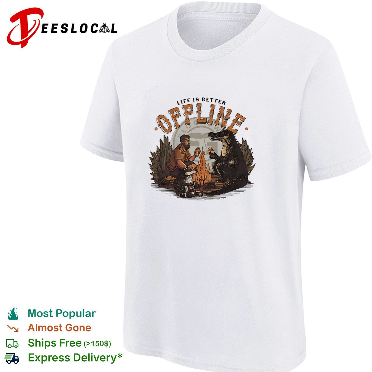 Life is better offline man and alligator roasting marshmallows campfire shirt