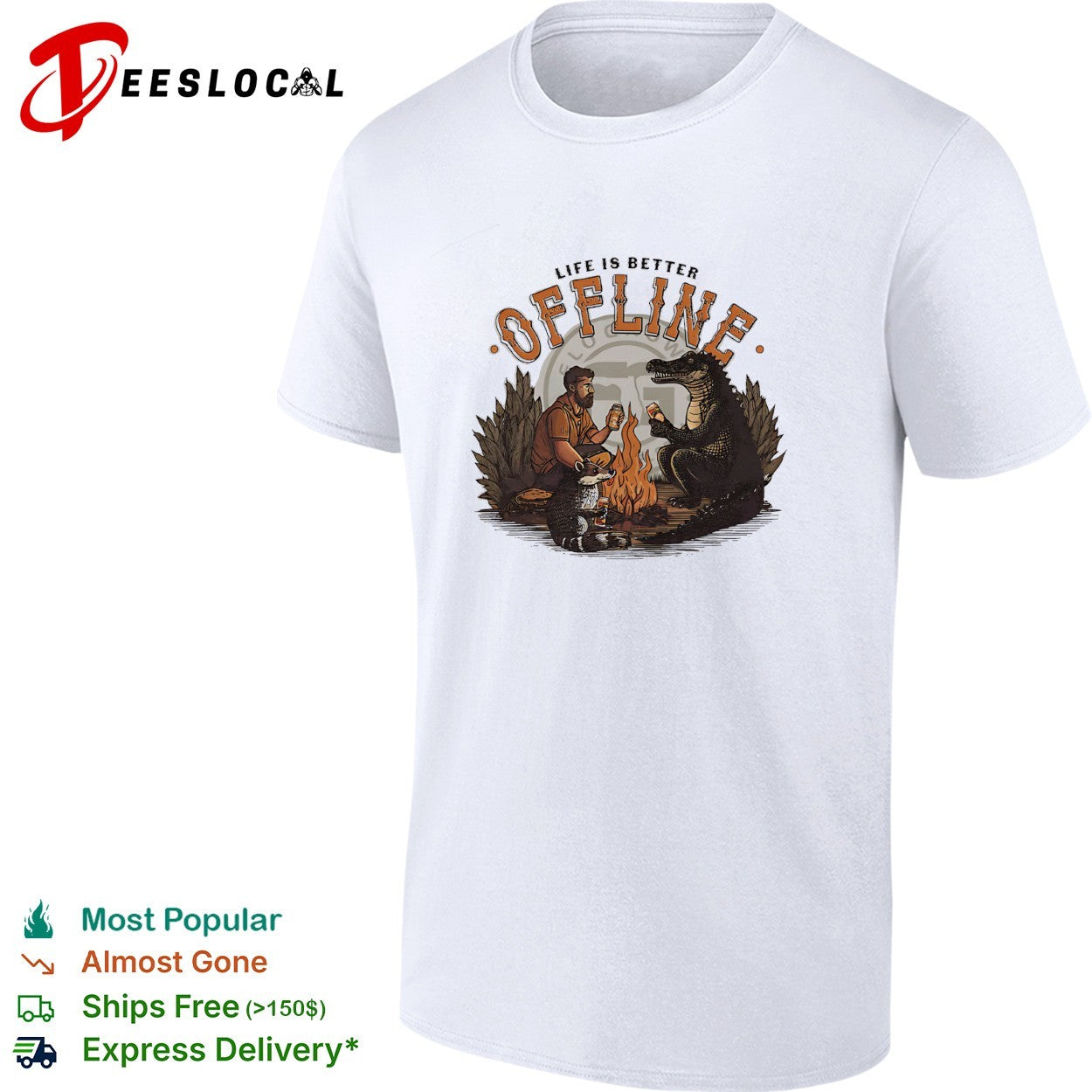Life is better offline man and alligator roasting marshmallows campfire shirt