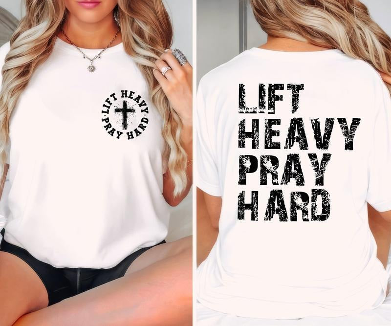 Lift Heavy Pray Hard Shirt, Christian Themed 2 Siđed Tee Pure Cotton Casual Street Style Crew Neck Short Sleeve T-Shirt...