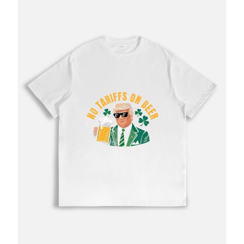 Light - hearted T - Shirt: Figure Holding Beer with "NO TARIFFS ON BEER" Slogan