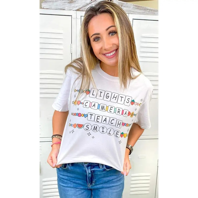 Lights Camera Teach Smile White Graphic T-Shirt Hoodie Sweatshirt | PrintMintTees.com