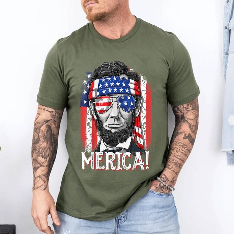 Lincoln 4th July Merica Abe American Flag Cotton Short Sleeve Size S 3XL T-Shirts, Hoodie, Sweatshirt