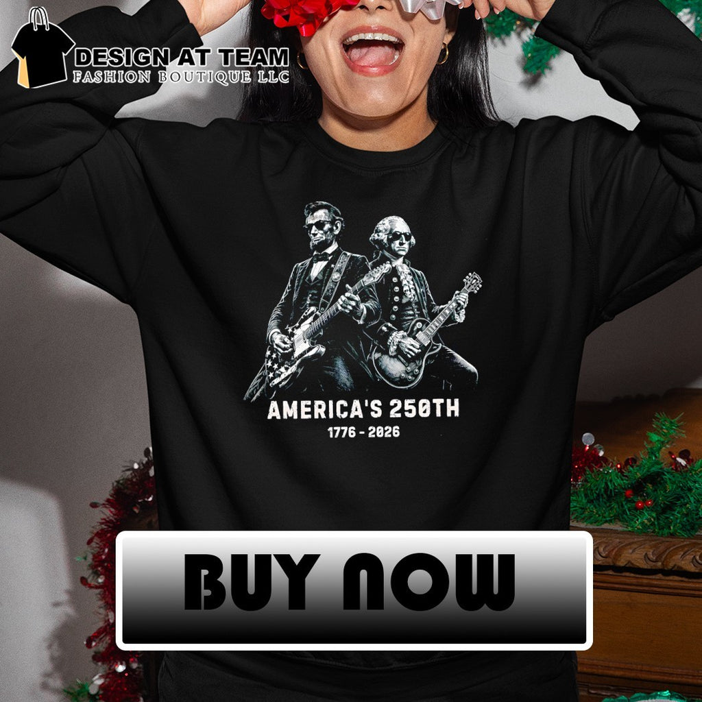 Lincoln and Washington playing guitars on America’s 250th 1776-2026 shirt