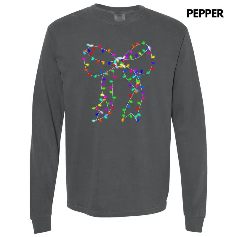 Lit Holiday Bulb Bow Long Sleeve Comfort Colors T-Shirt 'NLB' Hoodie Sweatshirt | PrintMintTees.com