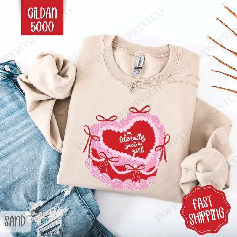 Literally Just a Girl Cake Sweatshirt, Coquette Cake Crewneck, Valentine's Day Women's Sweater Shirt Hoodie