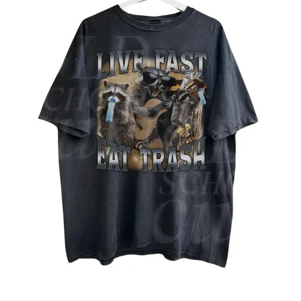 Live Fast Eat Trash 90s Style Graphic T-Shirt, Retro Raccoon Shirt, Trendy Funny Shirts, Adult Unisex Relaxed Shirt,...