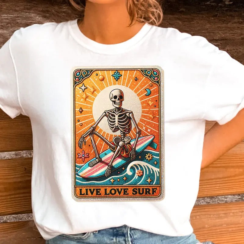 Live Love Surf Skull Tarot Tee Summer Live Love Surf Skeleton Tee Beach Tarot T-Shirt Hoodie, Sweatshirt | PrintMintTees.com