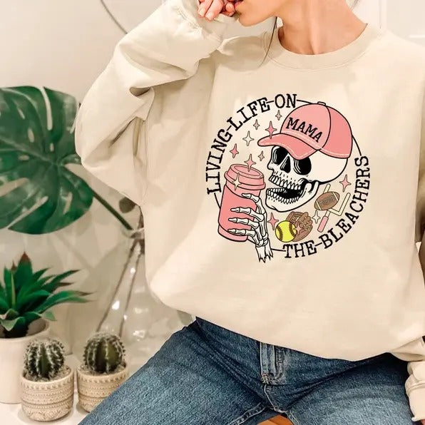 Living Life on the Bleachers Mama Skull  Crewneck Sweatshirt T-Shirts, Hoodie | PrintMintTees.com