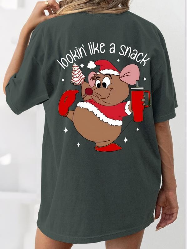 "Lookin' Like A Snack" Christmas Mouse Oversized Tee - Women's Vintage Washed Front & Back Graphic T-Shirt, Casual...